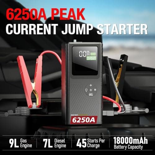 CS02 6250A Peak Jump Starter with Air Compressor, 18000mAh Battery Pack, 9L Gas/7L Diesel, USB-A Charging, Smart Display, 45 Starts, Safety Protection 48-Months Stand-by Time - Thumbnail 4