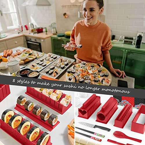 HI NINGER Sushi Making Kit Deluxe Edition Complete Sushi Maker Kit 12PCS Home Sushi Mold Press with Sushi Rice Roll Mold Shapes,Fork , Sushi Knife,Sushi Rolling Mat,Chopsticks - Thumbnail 2
