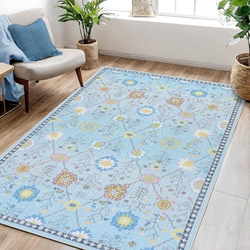 VIPBED 4x6 Area Rugs, Washable Floral Boho Rugs, Non Slip Low Pile Ultra-Thin Carpet, Indoor Door Mat for Living Room, Kids Playroom, Bedroom, Girls Dorm, Nursery (Blue Floral) - Image 1