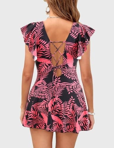 One Piece Swimdress Swimsuit for Women Tummy Control Ruffle Swim Dress Skirt Criss Cross Tie Back Bathing Suit Black Red Flower XL - Thumbnail 5