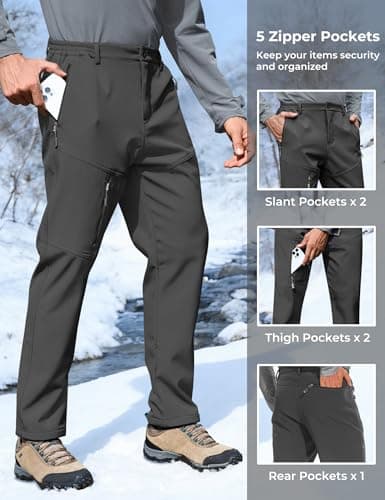 MOURCE Cargo Hiking Pants Men Waterproof - Insulated Warm Fleece Lined Ski Pants with Zipper Pockets, Charcoal - Thumbnail 3