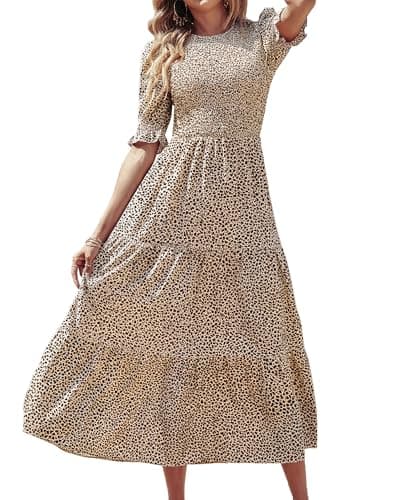 BTFBM Women Casual Summer Dresses 2025 Spring Crew Neck Ruffle Short Sleeve Floral Print Smocked Boho Flowy Maxi Dress(Dot Apricot Coffee, X-Large) - Image 1