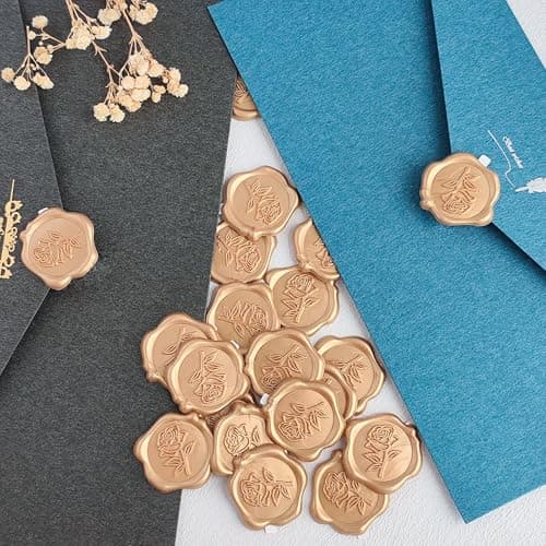 Pilloze Wax Seal Stickers - 3D Rose Wedding Invitation Envelope Botanical Seal Stickers, 50 Pcs Self- Adhesive Light Gold Stickers, Perfect for Invitation, Christmas, Gift Wrapping, Wedding, Party - Thumbnail 3