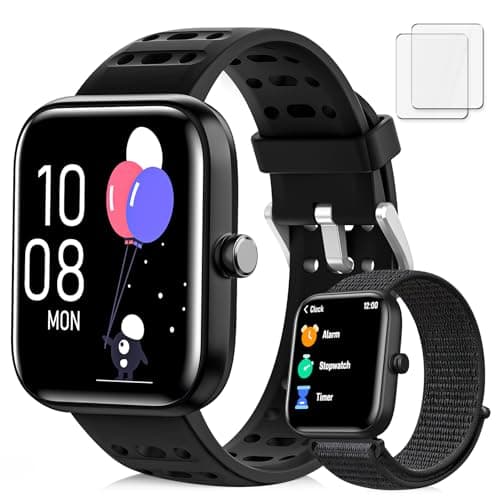 Smart Watch Kids Fitness Tracker, Kids Smart Watch with Health Monitor, Activities Track & Water/Rest/Task Reminder, IP68 Waterproof Smartwatch with Puzzle Games, Boys Gift for Birthday-Black(2 Bands)