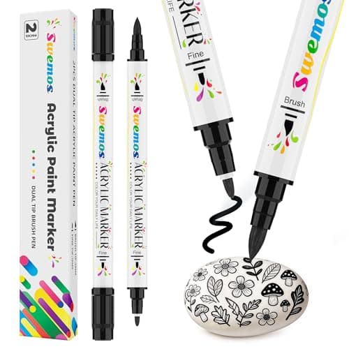 Swemos 2PCS Black Acrylic Paint Pens Markers, Dual Tip with Fine Tip and Brush Tip Pens Acrylic Paint Markers Waterproof Acrylic Markers Set for Rock, Canvas Stone, Wood, Glass, Metal (BLACK, 2)