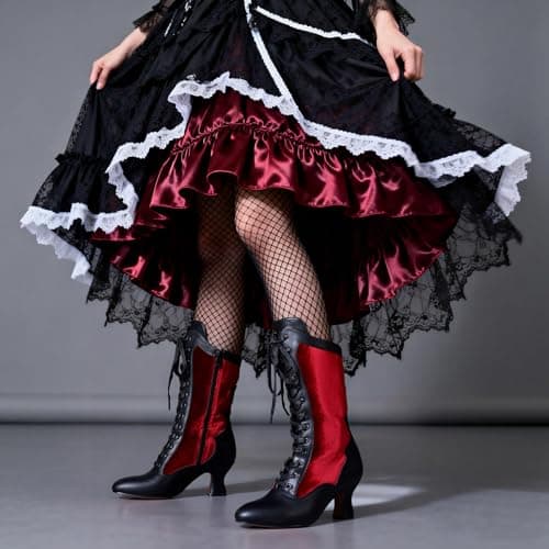 Erocalli Women's Vintage Victorian Boots Winter Mid Calf Lace up Witch Boot - Red, Pointed Toe, Kitten Heel, Halloween, Medieval Costumes, Combat Boots - Thumbnail 2