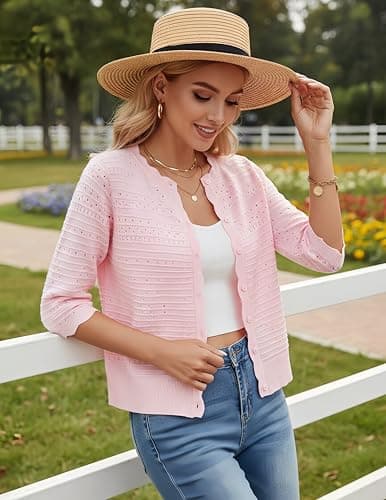 GRACE KARIN 3/4 Sleeve Cardigan Sweater for Women Summer Button Up Crochet Knit Cardigans Lightweight Shrugs Spring Outfits Pink - Thumbnail 2
