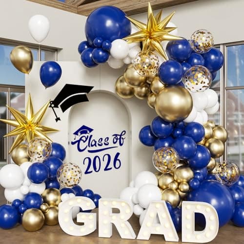 Navy Blue White Gold Balloon Arch Kit, 2026 Graduation Decorations, 130Pcs Blue Gold White Balloons with Foil Star Confetti Balloons for College High School Graduation Decorations Class of 2026 - Image 1