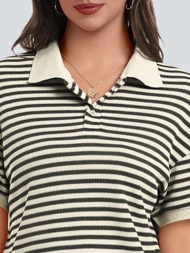 Casly Lamiit Two Piece Short Sets for Women 2026 Summer Casual Knit Outfits Short Sleeve V Neck Top Color Block Going Out Lounge Set with Pockets Black Beige L - Thumbnail 5