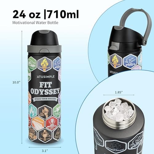 24 oz Motivational Insulated Stainless Steel Water Bottle for Sports, Gym & Travel, 2-in-1 Push-Button Spout & Quick-Flip Straw, Leak-Proof BPA-Free, Keeps Cold 30H, with DIY Fitness Stickers - Thumbnail 4