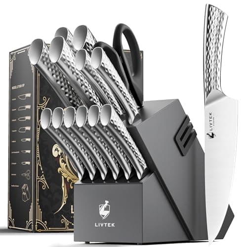 Livtek Kitchen Knife Set with Block: 15-Piece German Stainless Steel with Dual Sharpener for Cook Enthusiasts - Covers 95% Kitchen Tasks - Silver Full-Tang Ergonomic Handle, Dishwasher Safe, Gift Box - Image 1