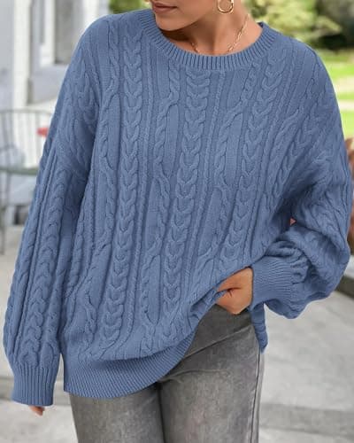 KIRUNDO Oversized Chunky Cable Knit Sweater Women 2026 Fall Fashion Cozy Long Sleeve Crewneck Pullover Winter Clothing(Blue, XX-Large) - Thumbnail 6