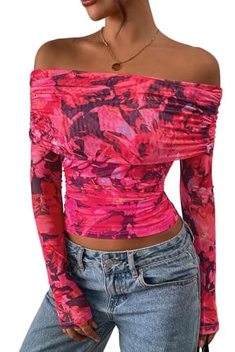 PRETTYGARDEN Womens Tops 2026 Spring Off The Shoulder Long Sleeve Fitted Y2k Shirts Floral Ruched Mesh Going Out Outfits(Black Rose Red Big Floral,Medium) - Image 1