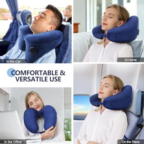 Sunany Neck Pillow for Travel Inflatable Airplane Pillow Comfortably Supports Head, Neck and Chin, Inflatable Travel Pillow with Soft Velour Cover and Portable Drawstring Bag (Blue) - Thumbnail 2