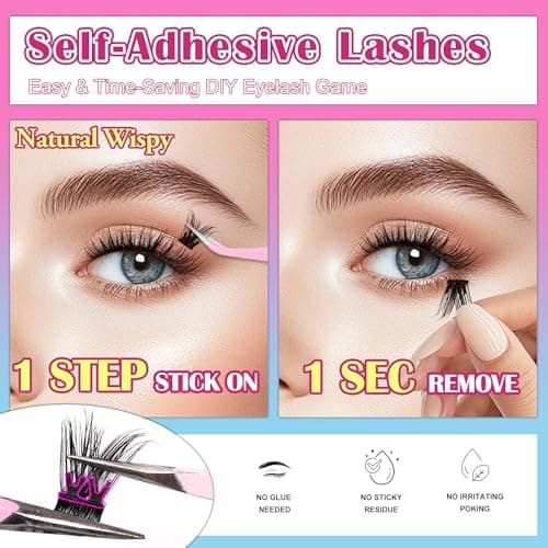 JoMay Self-Adhesive Eyelashes, Press on Lashes No Glue Needed, Glueless Pre-Glued D Curl Cluster Lashes for Beginners, No Residue, Pre-Separated L/R Eye, 1-Step DIY, 120PCS (X10) - Thumbnail 6