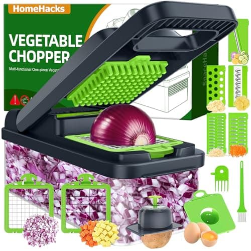 HomeHacks Vegetable Chopper Vegetable Cutter, 12 in 1 Kitchen Gadget, Dicer, Slicer, Onion Cutter, Salad, Cheese Grater & Egg Separator - Multi-Functional Veggie Chopper Lid with Handle (Green) - Image 1