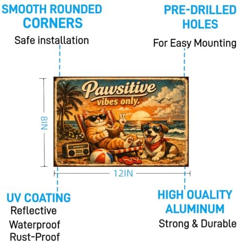 Pawsitive Vibes Only Vintage Tin Sign Funny Cat Dog Beach Wall Decor Retro Metal Plaque Summer Coastal Artwork Gift for Pet Lovers Home Bar Patio 8x12 Inch Pre Drilled Holes - Thumbnail 6