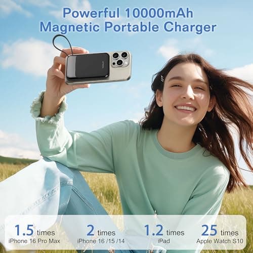 VONUV Magnetic Power Bank 10000mAh, Wireless Portable Charger with 15W Max Fast Charging & Built-in USB-C Cable, 22.5W PD LED Display Battery Pack Compatible with iPhone 17/16/15, Samsung Galaxy - Thumbnail 3