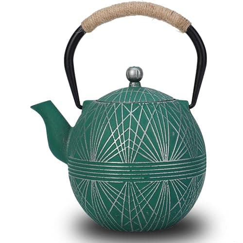 Enameled Cast Iron Teapot 34oz（1000ml） - Japanese Style Kettle with Removable Stainless Infuser & Ergonomic Handle, Stovetop Safe for Loose Leaf Tea Green and silver (Green and silver) - Image 1