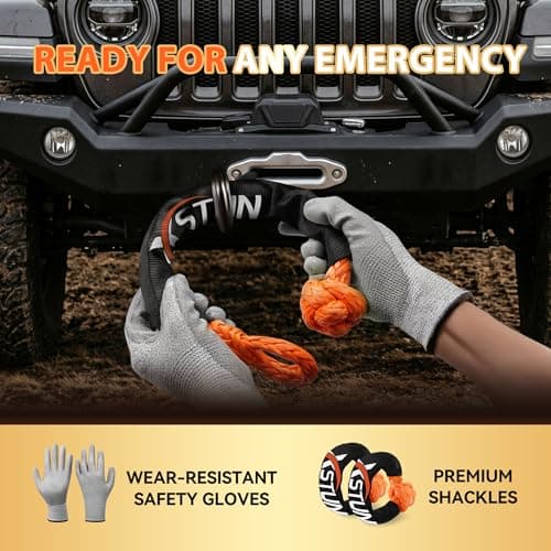 XSTUN 1" x30ft Kinetic Recovery Rope, 35% Stretch - 48K lbs Snatch Rope for Offroad & Snow Rescue, Includes Level 5 Cut-Resistant Gloves, Compatible with Jeep, Truck & ATV (Orange) - Thumbnail 3