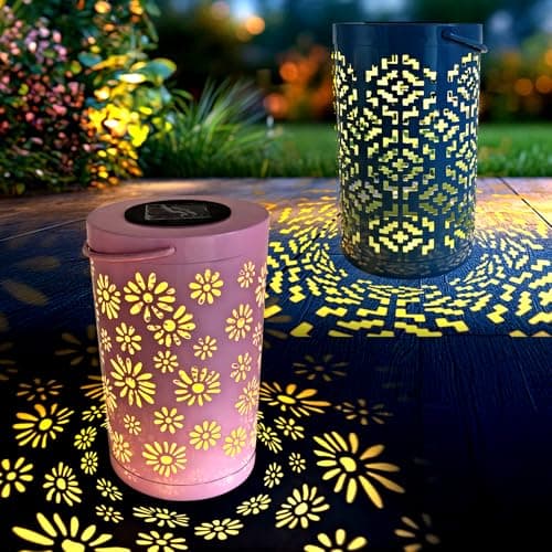 CBAXEAXM 2PCS Solar Lanterns Outdoor Waterproof Hanging Solar Light Metal Tabletop Lantern with Hollowed-Out Design for Garden Yard Patio Porch Table Decor Gifts for Women, Pink+ Dark Blue - Thumbnail 2