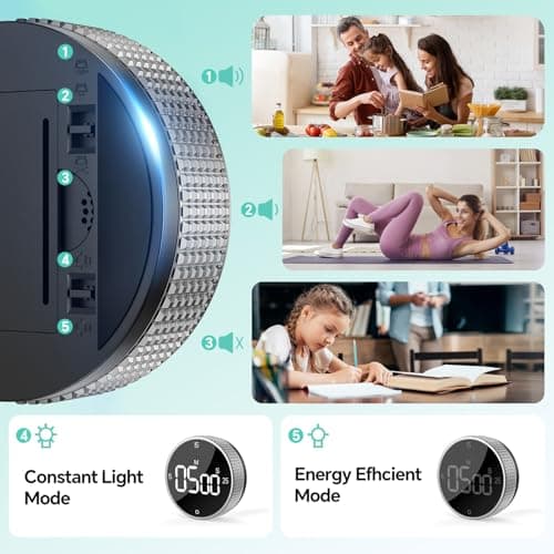 Digital Kitchen Timer with Magnetic, Large LED Display Countdown/Countup Timer, Pomodoro Preset 5/15/25 Mins, Volume & Brightness Adjustable for Cooking Baking Working Studying Silver - Thumbnail 5