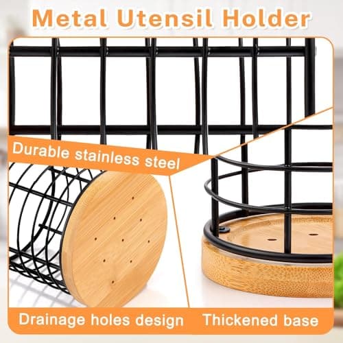 hunnycook 2-Piece Utensil Holders - 5.1*5.1*5.8 and 3.7*3.7*5.8 inches Kitchen Utensil Holders, Metal Black Crocks with Wooden Base, Easy to Drain - Thumbnail 3