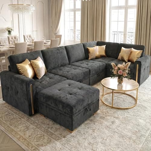 smilesun Oversized Modular Chenille U-Shaped Sectional Sofa with Storage, Convertible Comfy Extra Deep & Wide Seating with Gold Metal Accents & Square Legs for Living Room (Grey)