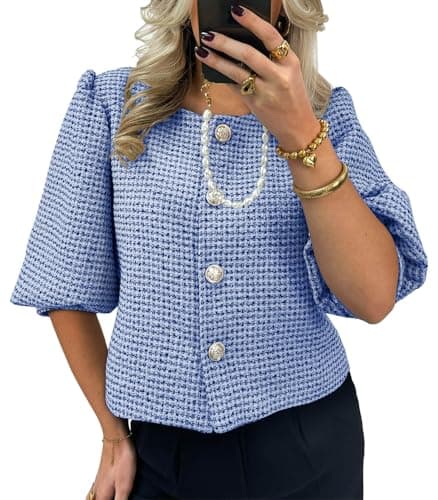 Cicy Bell Womens Cropped Tweed Blazers Puff Short Sleeve Crew Neck Button Business Casual Suit Jackets Blue - Image 1