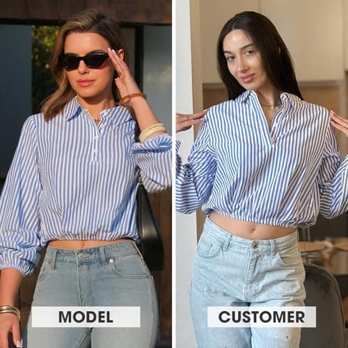 EXLURA Women's 100% Cotton Long Sleeve Crop Tops Summer Striped Collared Button V Neck Pullover Shirt Elastic Hem Y2K Blouse Blue - Thumbnail 2