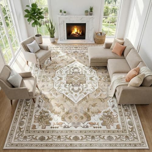 Cnythlis Washable Area Rug, Non-Slip Vintage Medallion Decorative Rug for Living Room Bedroom Dining Room, Soft, Foldable & Water-Resistant, Beige & Ivory, 9’x 12’ - Image 1