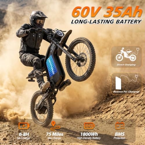 HAPPYRUN G18pro Electric Dirt Bike for Adults – 4500W Peak Motor, 60V 35Ah Battery, 38 mph Top Speed, 75 Mile Range, 5-Level Speed Control, Full Suspension, Hydraulic Brakes, 19″/17″ Off-Road Tires - Thumbnail 3