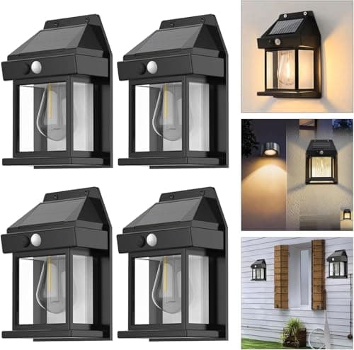 Anricom 4pcs Solar Fence Lights, Motion Sensor Outdoor Light, 3 Lighting Modes Dusk to Dawn Porch Lamp IP65 Waterproof, Outdoor Solar Wall 600LM, 1200mah Suitable for Patios, Porches, Garage (Black)