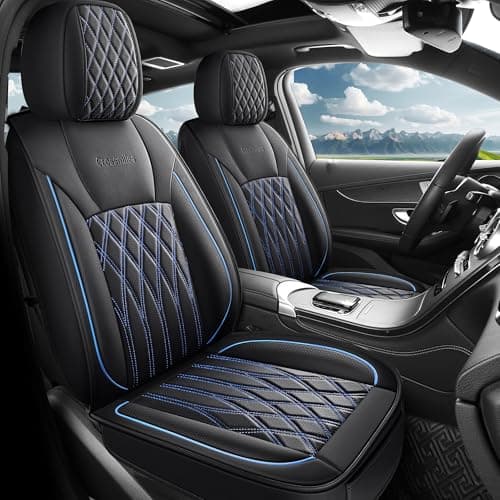 crossmiles Car Leather Seat Cover，Protector Seat Waterproof Automotive Seat Covers Full Sets Super Breathable Universal Fit Cover for Most Car Fount and Back，（Black Bule-Wave，5pcs）