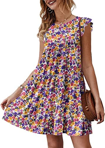 KIRUNDO Womens Dresses 2026 Cute Summer Sleeveless Boho Floral Mini Beach Sundress Ruffle Sleeve Round Neck Loose Short Flowy Pleated Babydoll Dress, Floral3-white Purple, Small - Image 1