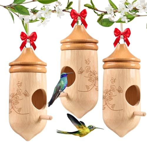 Hummingbird House, Solid Wood Hummingbird Houses for Outside-Exquisitely Handcrafted Birdhouse with Ribbon and String Hanging Kit, Durable Garden Decor, Perfect Gardening Gift (Style-D, 3 Pack) - Image 1