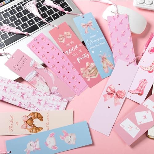 12PCS Pink Bow Bookmarks, Paper Bookmark with Tassels, Pink Bookmarks for Book Lovers Gifts, Double-Sided Colorful Cute Book Marks for Women, Book Accessories, Classroom Reading Supplies - Thumbnail 4