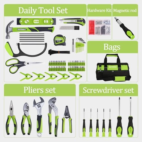269-Piece Home Tool Set, General Household Repairing Tool Kit with Storage Bag, Basic Hand Tool Kit Set for Home Maintenance, DIY and Crafts (Green) - Thumbnail 2