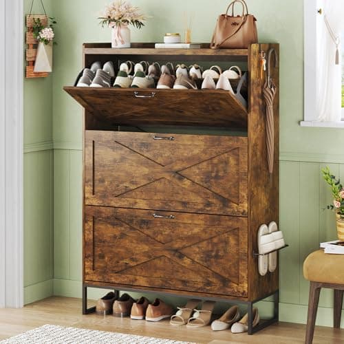 HUAHUU Shoe Cabinet with 3 Flip Drawers, Freestanding Shoe Storage Cabinet for Entryway with Adjustable Shelf, Hidden Wood Shoe Cabinets for Hallway, Living Room, Rustic Brown