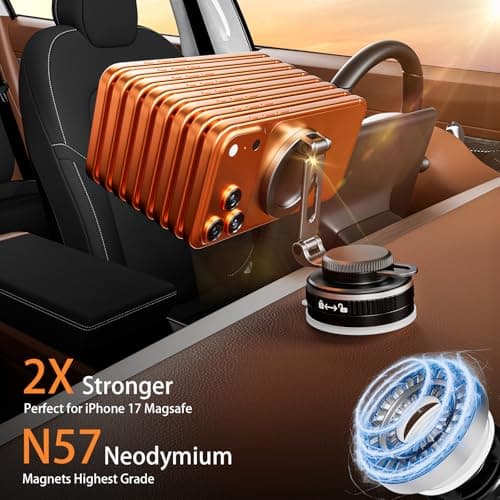 Upgraded Vacuum Magnetic Phone Holder for Car, Nano Gel Suction Cup Phone Mount for MagSafe, 108LBS Strong Suction & 3000GF Magnet, Adjustable Zinc Alloy Arm Car Mount for iPhone 17/16/15Pro Max - Thumbnail 4