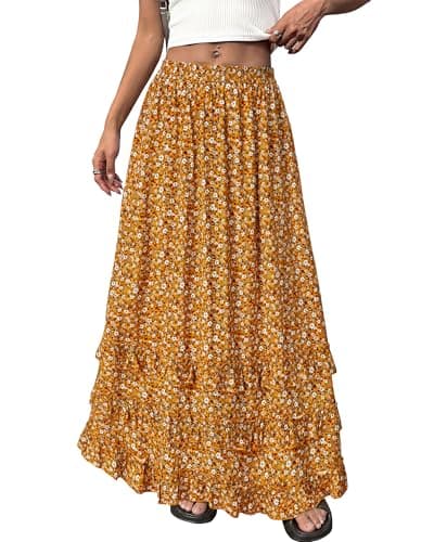 BTFBM Skirts for Women Summer Flowy A-Line Floral Boho Maxi Skirt Long Wedding Guest Dresses Spring Outfits 2026(Floral Yellow,X-Large) - Image 1