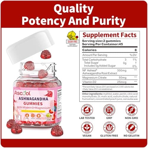 Ascool Ashwagandha Gummies for Stress Support & Relaxation with Magnesium + Vitamin D – 90 Count Sugar-Free, Vegan Ashwa Supplements - Thumbnail 6