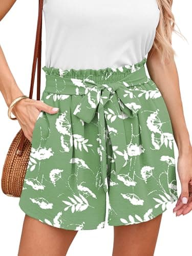 DEARCASE Women's Wide Leg Shorts with Pockets Green White Flowers XX-Large Lightweight High Waisted Adjustable Tie Knot Loose Fit Summer Lounge Cute Trousers - Image 1
