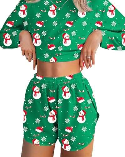 JUSTFASHIONNOW Womens Christmas Pajama Sets Long Sleeve Top and Split Shorts Holiday Lounge Set Loungewear Crew Neck Snowman Print Sleepwear Soft Pjs Xmas Winter Cute Outfits (Green, Small) - Image 1