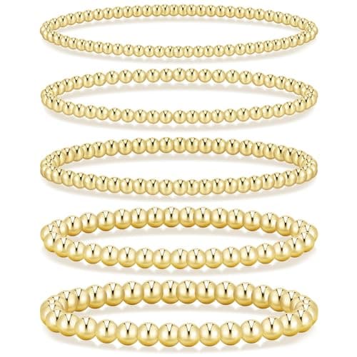 Valentines Day Gifts for Her Teen Wife Gold Beaded Bracelets for Women, 5 Pcs Dainty 14K Gold Plated Chunky Stretch Bead Ball Bracelet Stack - Image 1