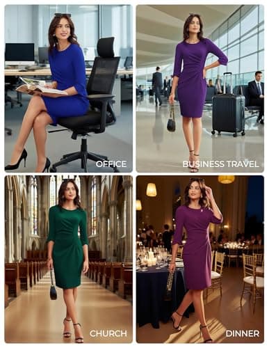 GRACE KARIN Women's 3/4 Sleeve Bodycon Work Dress 2026 Business Formal Midi Dresses Classy Office Outfits Pink Purple L - Thumbnail 6