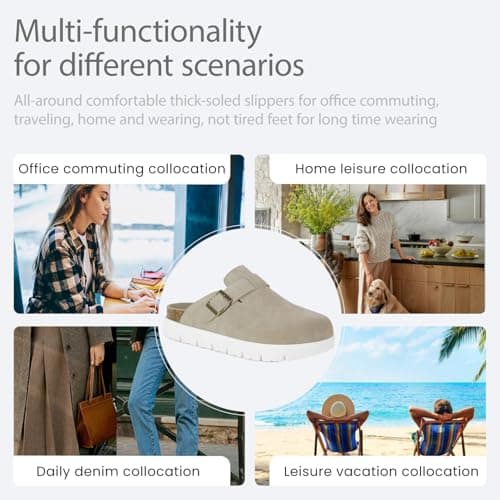 Genuine Leather Chunky Big Buckle Platform Clogs for Women Memory Foam Arch Support Cork Footbed Potato Shoes Mules-Benton Grey - Thumbnail 5