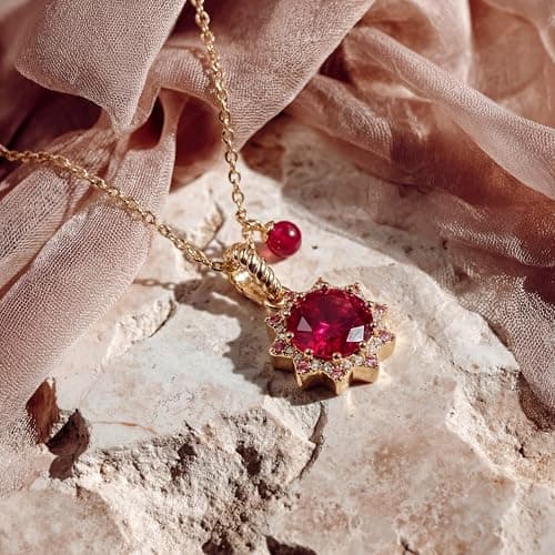 MEVECCO Radiant Sun Necklace for Women, 14K Gold Plated Cubic Zirconia Birthstone Jewelry Removable Pendant Design Rose Pink - Thumbnail 6