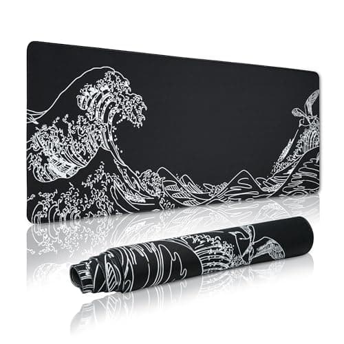 Large Gaming Mouse Pad for Desk,Kanagawa XXL Mouse Pad 35.4x15.7 Inch,Waterproof Desk Pad,Non-Slip Rubber Base Mice Pad,Keyboard Pad Computer Mat,Black Mouse pad - Image 1