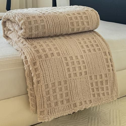 Throw Blanket for Couch or Bed，Waffle Weave Jacquard Decorative Blankets - Cozy Soft Lightweight Fuzzy Flannel Blanket(Milk Tea,80x90in) - Image 1